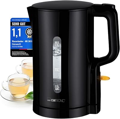 Clatronic® Wasserkocher 1,7L | 2200W für schnelles Erhitzen | BPA frei | Einhandbedienung | Wasserstandsanzeige | Kettle | Überhitzungsschutz | WK 3835 schwarz