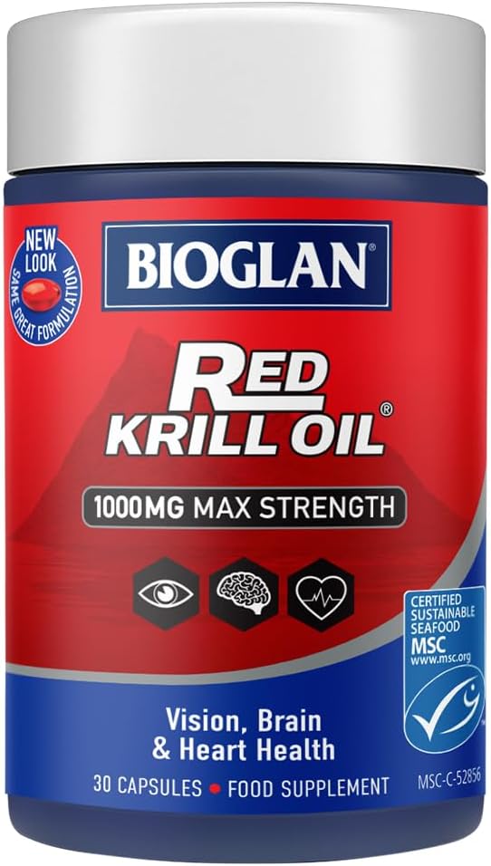 Bioglan Red Krill Oil Max Strength 1000 mg high in Omega-3 Fish Oil, EPA & DHA Help to Support Your Heart, Eye and Brain Health, One Month Supply – 30 Count