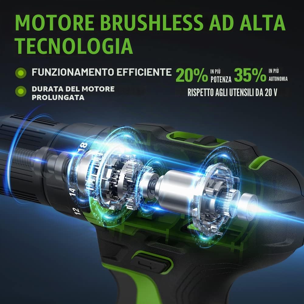 Greenworks Trapano avvitatore a batteria da 24 V, 35 Nm, motore senza spazzole, 18 livelli di coppia, mandrino da 13 mm, cambio a 2 marce, batteria da 2 Ah e caricatore, valigetta