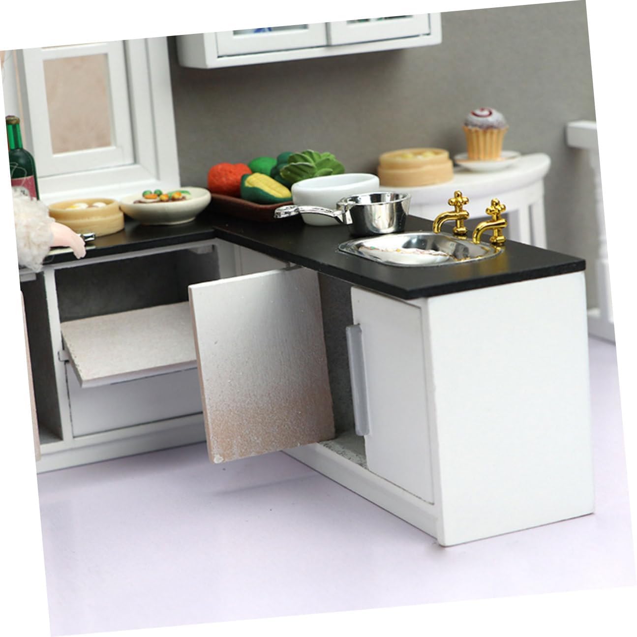 Homoyoyo 12 Scale Mini Wooden Dollhouse Kitchen Furniture Set, White Miniature Gas Stove and Cabinets, 7pcs Mini House Kitchen Accessories for Creative Play