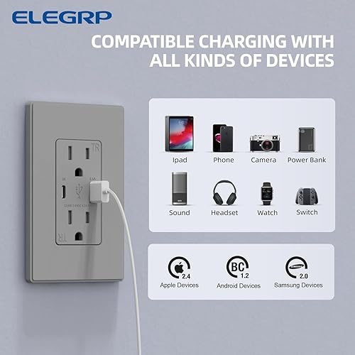 Miniatura 18 de ELEGRP Cargador USB de pared, receptáculo USB con puertos USB tipo A y tipo C, enchufe dúplex de 15 amperios resistente a manipulaciones NEMA 5-15R