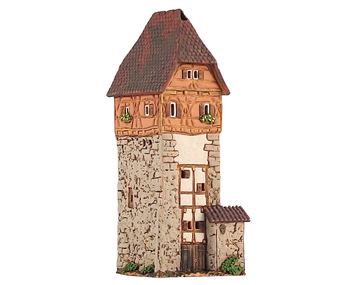 Ceramiczny świecznik na podgrzewacz, dekoracja pokoju, ręcznie wykonana, kolekcjonerska, miniaturowa wieża domowa w Dinkelsbühl, Alzacja, Francja B310N