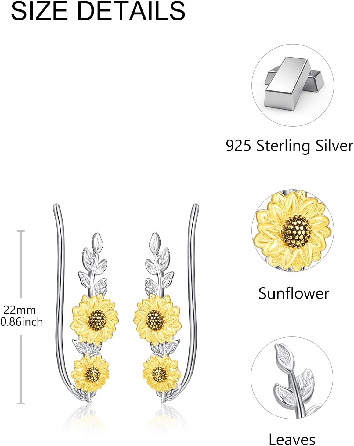 KINGWHYTE Ear Climbers Earrings for Women 925 Sterling Silver Daisy/Sunflower Earrings Hypoallergenic Crawler Cuff Earrings Birthday Christmas Jewelry Gifts for Wife Mom Her - Image 3