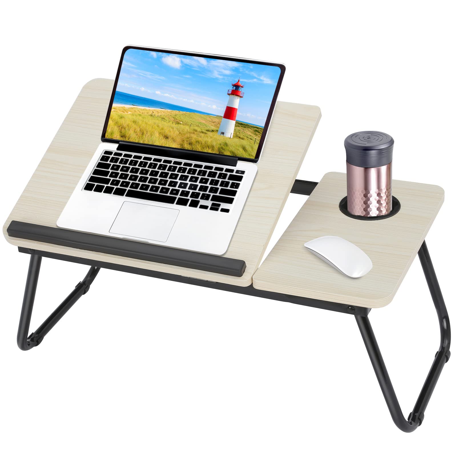 Tavolo pieghevole per computer portatile, 55 x 32 x 25 cm, per tablet e computer portatile, con porta bevande, per lettura o colazione (bianco)