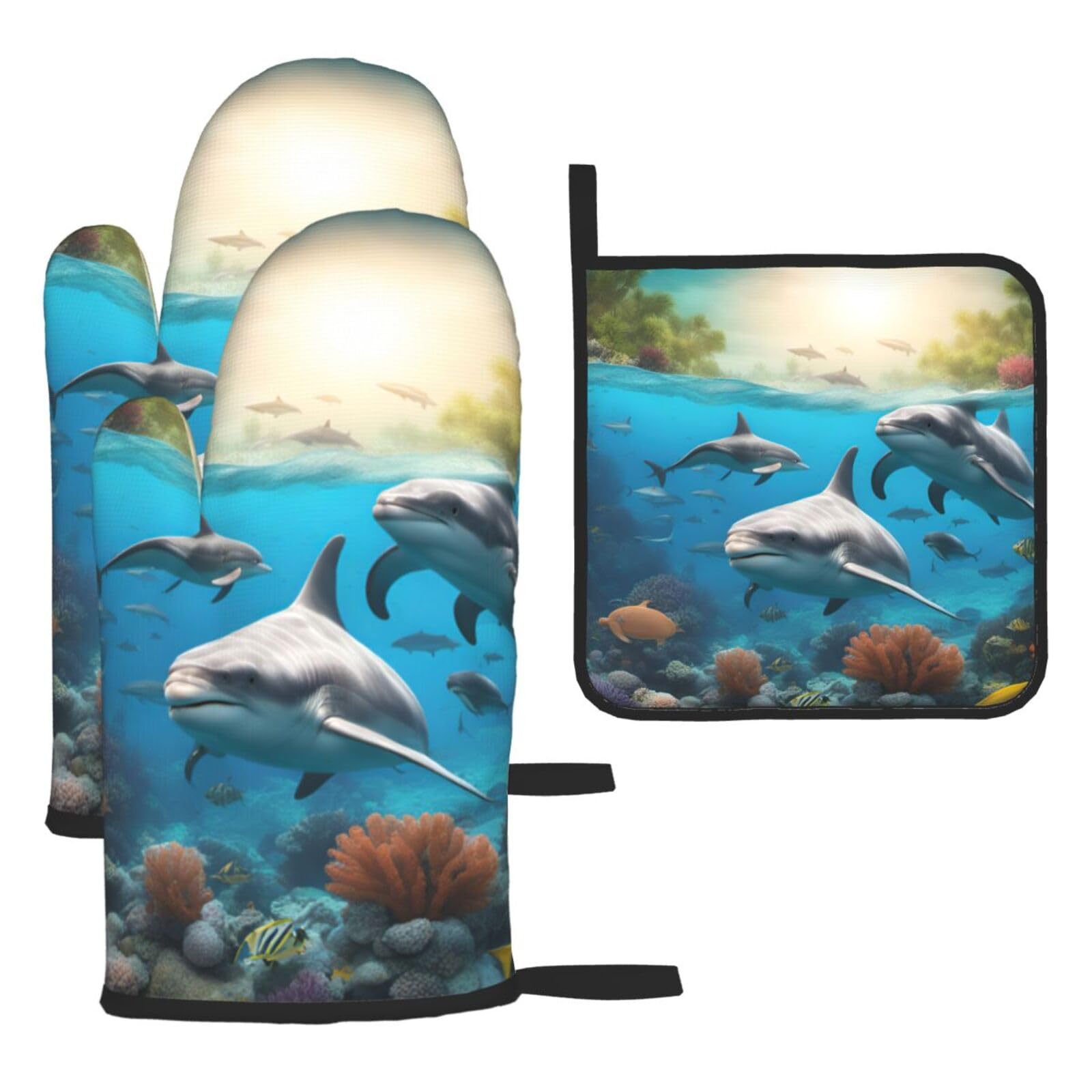 Dolphins Sea Turtle Shark Octopus Coral Print Oven Mitts Kitchen Gloves Set Everyday Baking Grilling Microwaving Cooking Gift