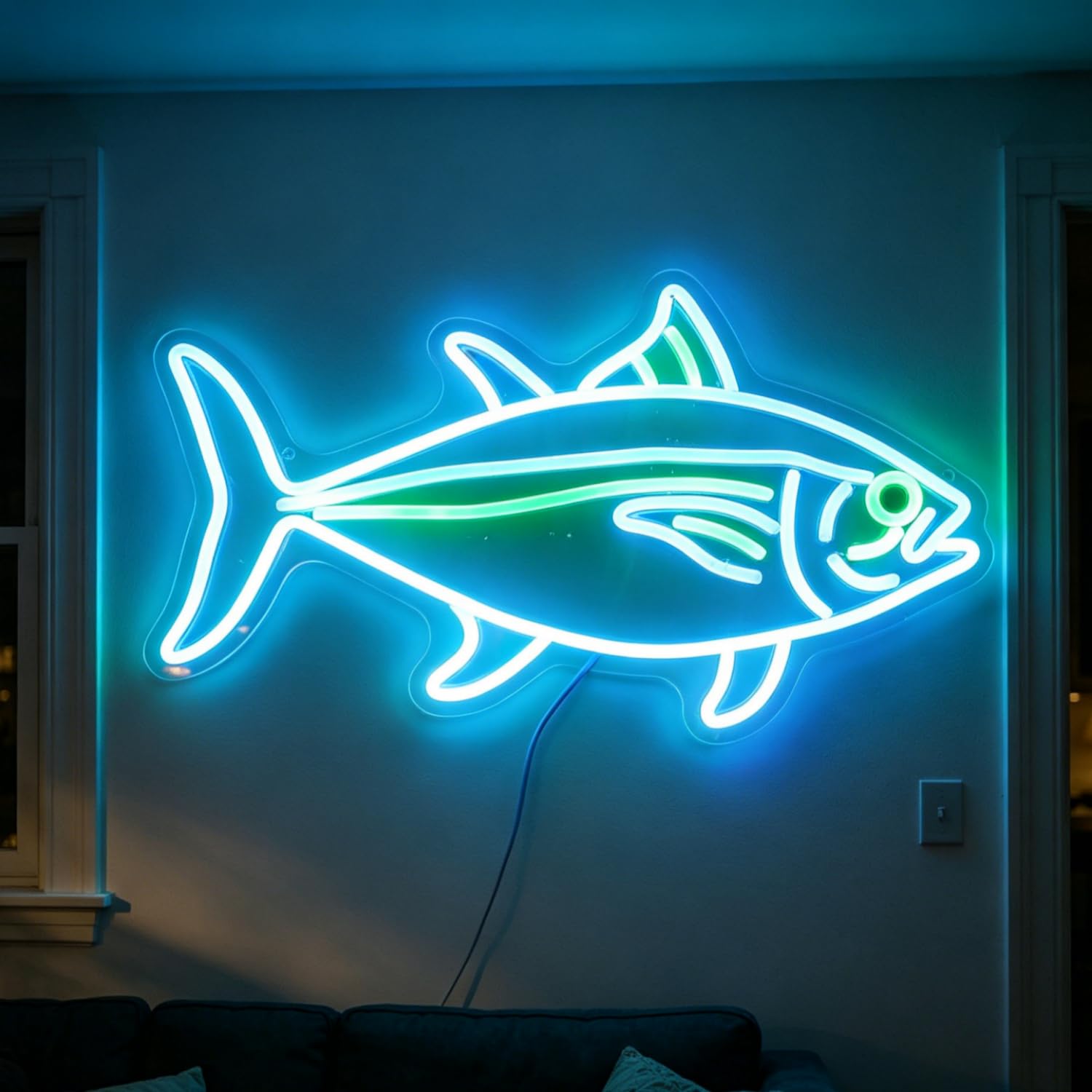 Fish Neon Sign Dimmable Led Fish Sign for Wall Decor, Dimmable Blue Green Tuna Neon Light, USB Powered for Bedroom Living Room Restaurant Office Kitchen Decoration 16.95”x9.65”