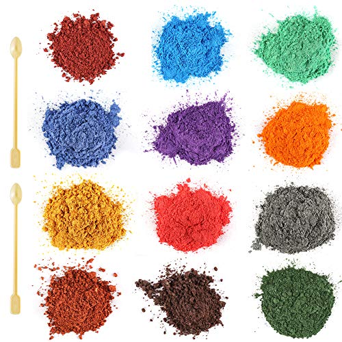 Funxim Pigmentos en Polvo 12pcs × 10g con cuchara, Pigmentos para Resina Epoxi, Natural Mica Tintes para DIY Slime, Jabon, Pintauñas, Sombra de Ojos, Cera