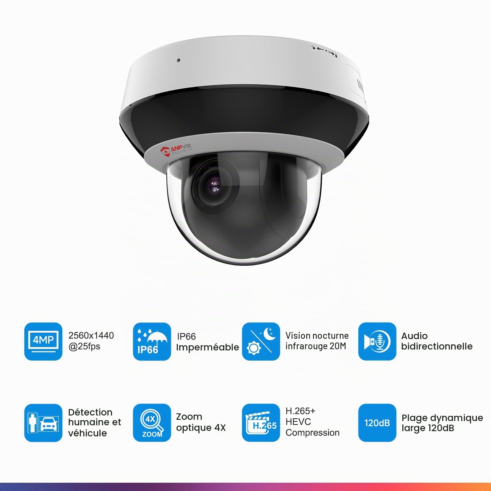 Anpviz 4MP PTZ IP Caméra de Sécurité Extérieur PoE, Zoom Optique 4X
