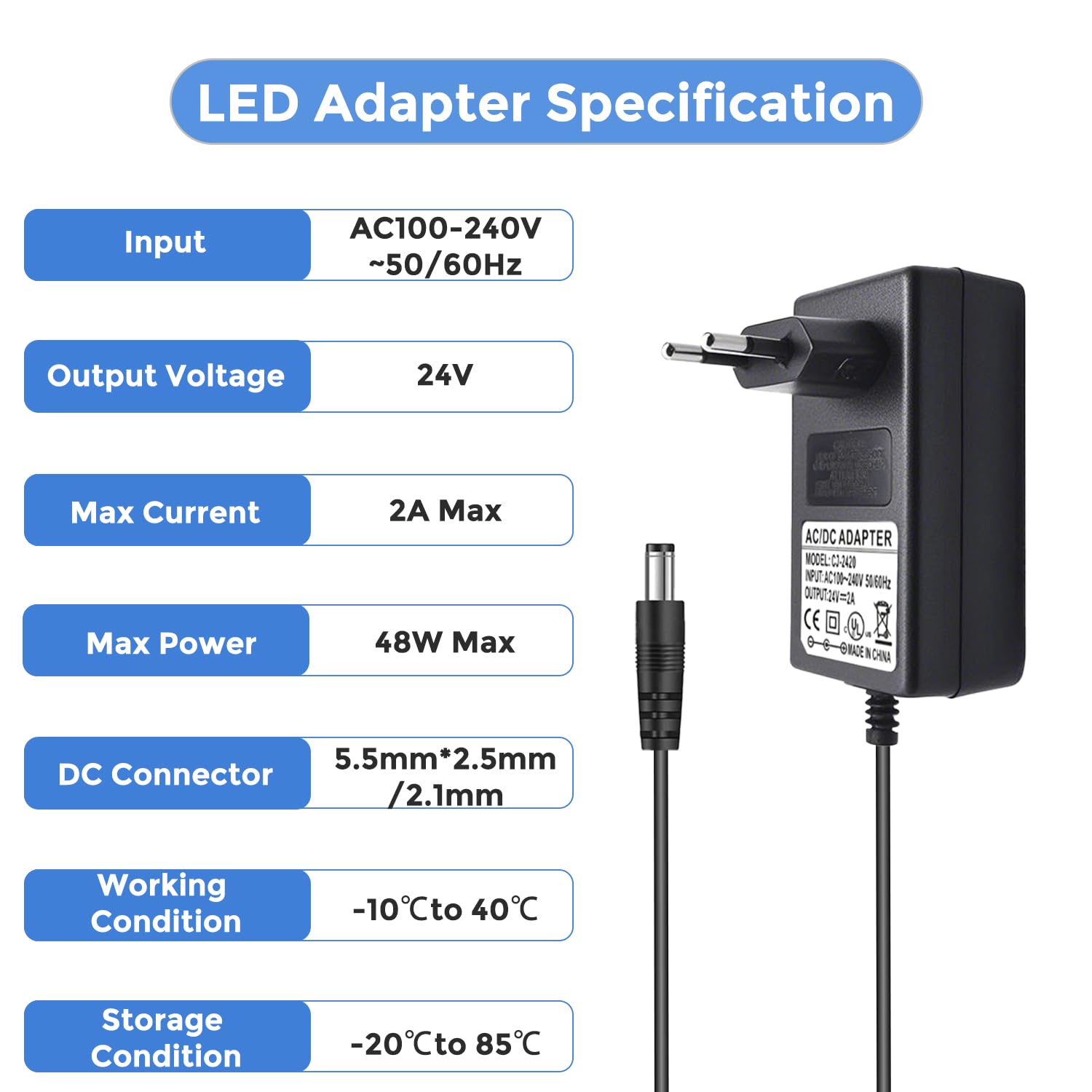 Arotelicht Zasilacz sieciowy LED 24 V 2 A AC 100-240 V transformator 48 W adapter 5,5 x 2,1/2,5 mm - prąd stały, bez migotania i ochrona bezpieczeństwa (bez ładowarki), wtyczka EU