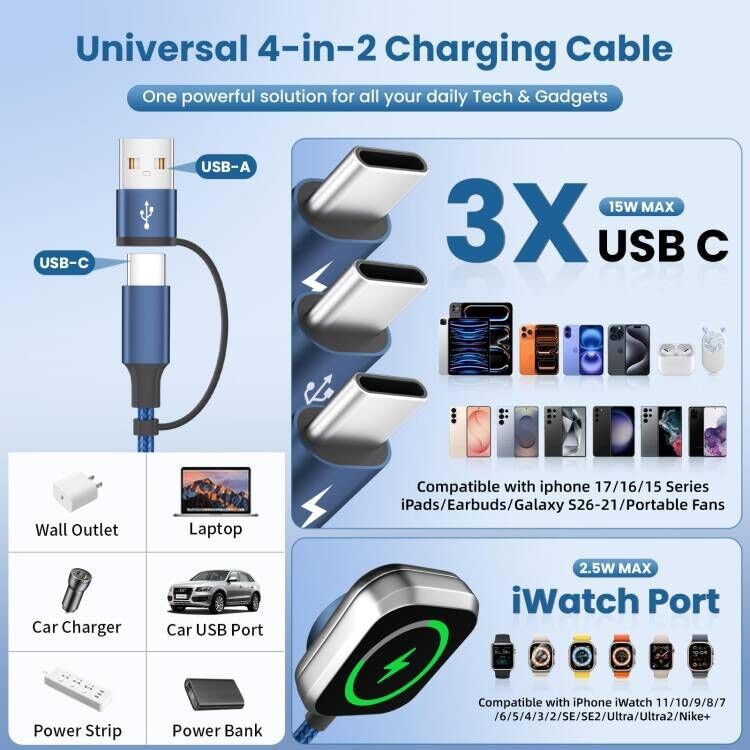 Image of 2026 Travel Essentials for iWatch Charger with 3 Type-C Ports, 2Pcs 5FT