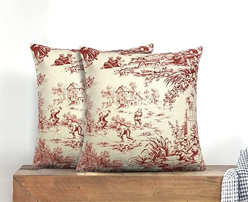 The Pillow Collection - 2 Pack Toile Throw Pillow Covers. Decorative Vintage Cushion Case For Couch And Home Decor. 18X18, Red. #TOP24