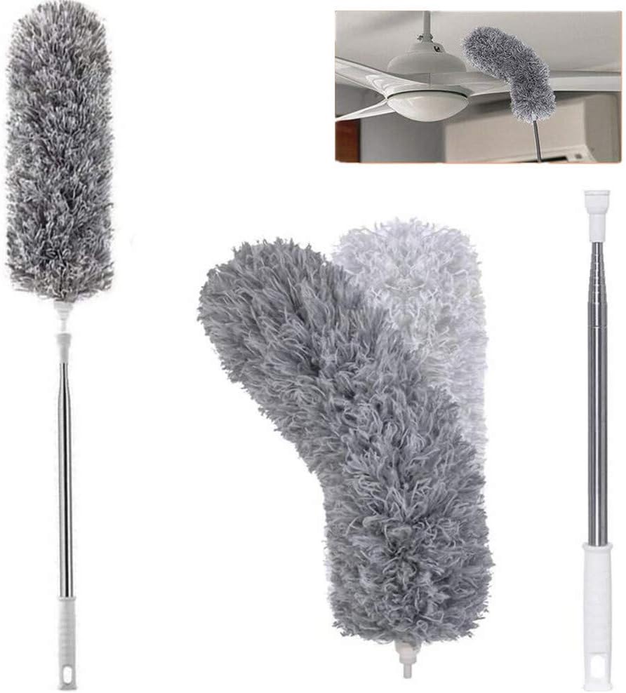 Microfiber Duster for Cleaning with Telescoping Extension Pole 100 Inch, Washable Bendable Head Duster Cleaner for Cleaning High Ceiling, Keyboard, Furniture, Ceiling Fan & Cobweb - Grey White