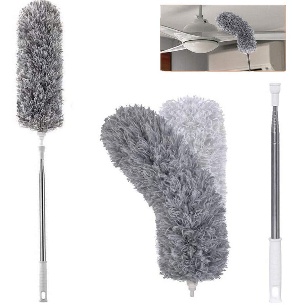 Microfiber Duster for Cleaning with Telescoping Extension Pole 100 Inch, Washable Bendable Head Duster Cleaner for Cleaning High Ceiling, Keyboard, Furniture, Ceiling Fan & Cobweb - Grey White