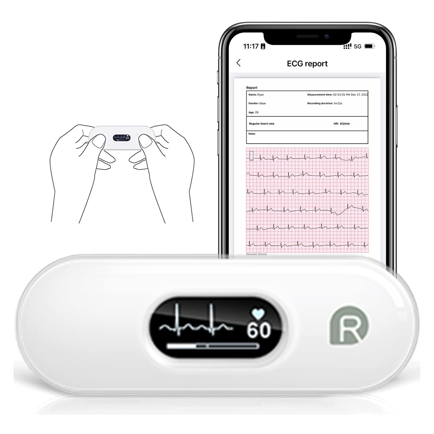 CheckMe DuoEK-S ECG Palmare Bluetooth, Misuratore ECG Wireless con Report di Analisi, ECG Portatile con Schermo OLED da 0,96 pollici, 30s - 5 mins, Cardiofrequenzimetro, APP per iOS/Android