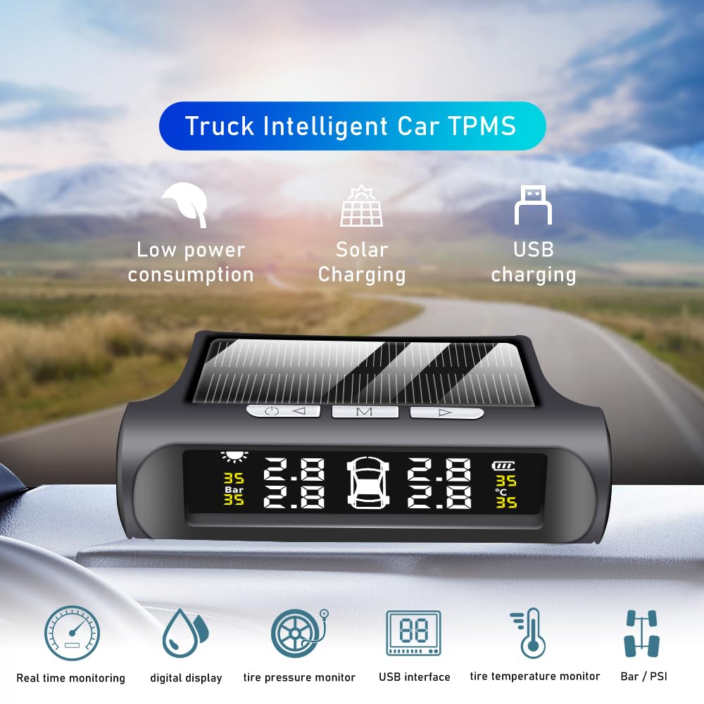 Tpms Sensore for auto Misuratore di pressione dei pneumatici solare 4 sensori Allarme Sistema di monitoraggio della pressione dei pneumatici for auto Sicurezza della pressione delle ruote Pressione Pn