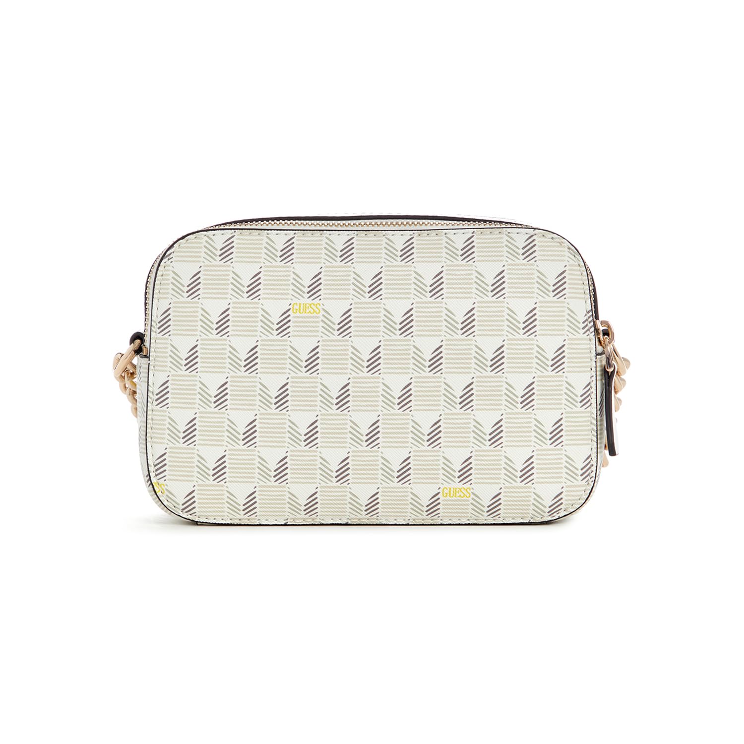 GUESSWomen's Off White Geometric G Wave Camera Crossbody Bag