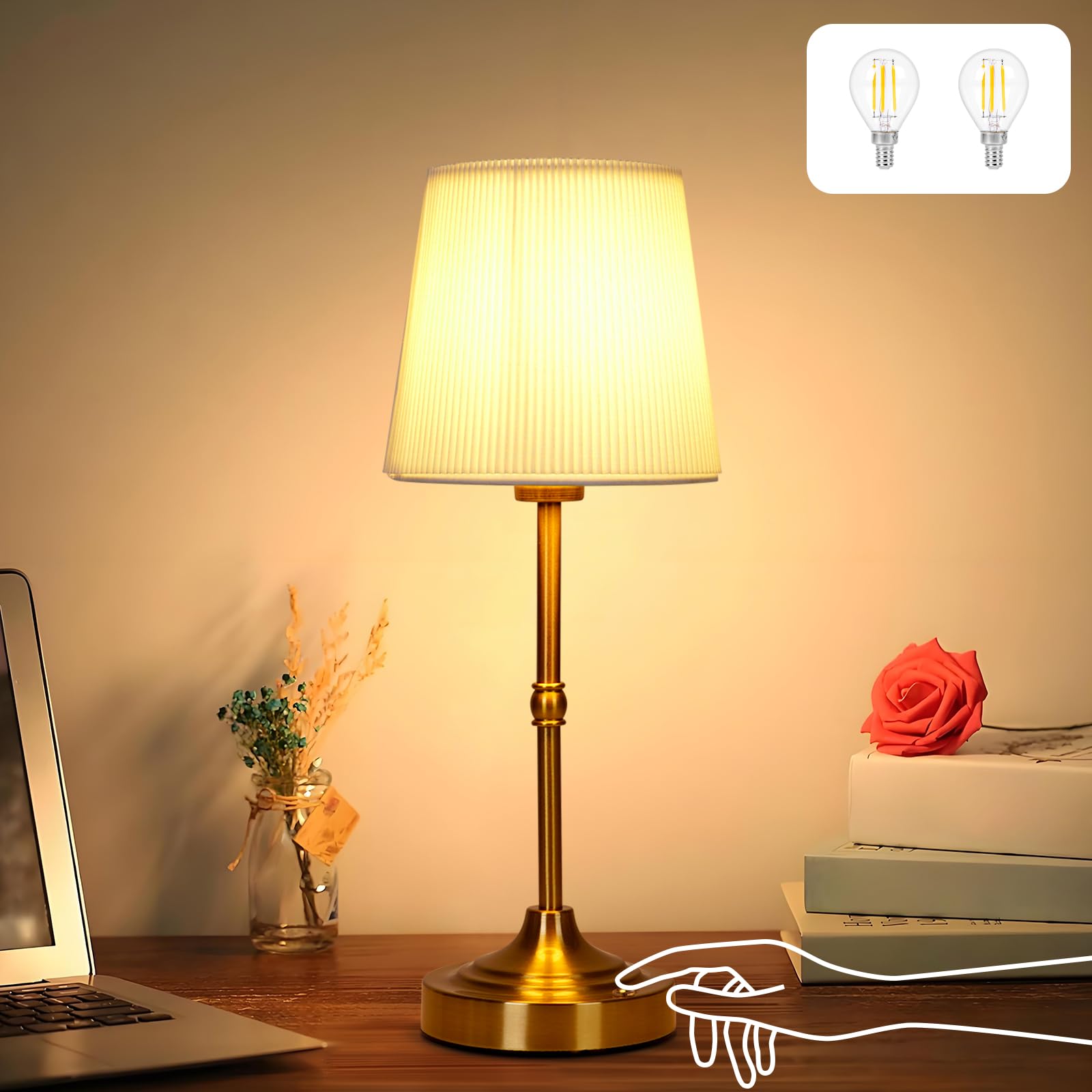 BomKra Lámpara de mesita de noche táctil regulable – LED inalámbrica lámpara de mesa, 5200 mAh, batería recargable con USB, lámpara de mesa para dormitorio, salón, oficina (dorado)