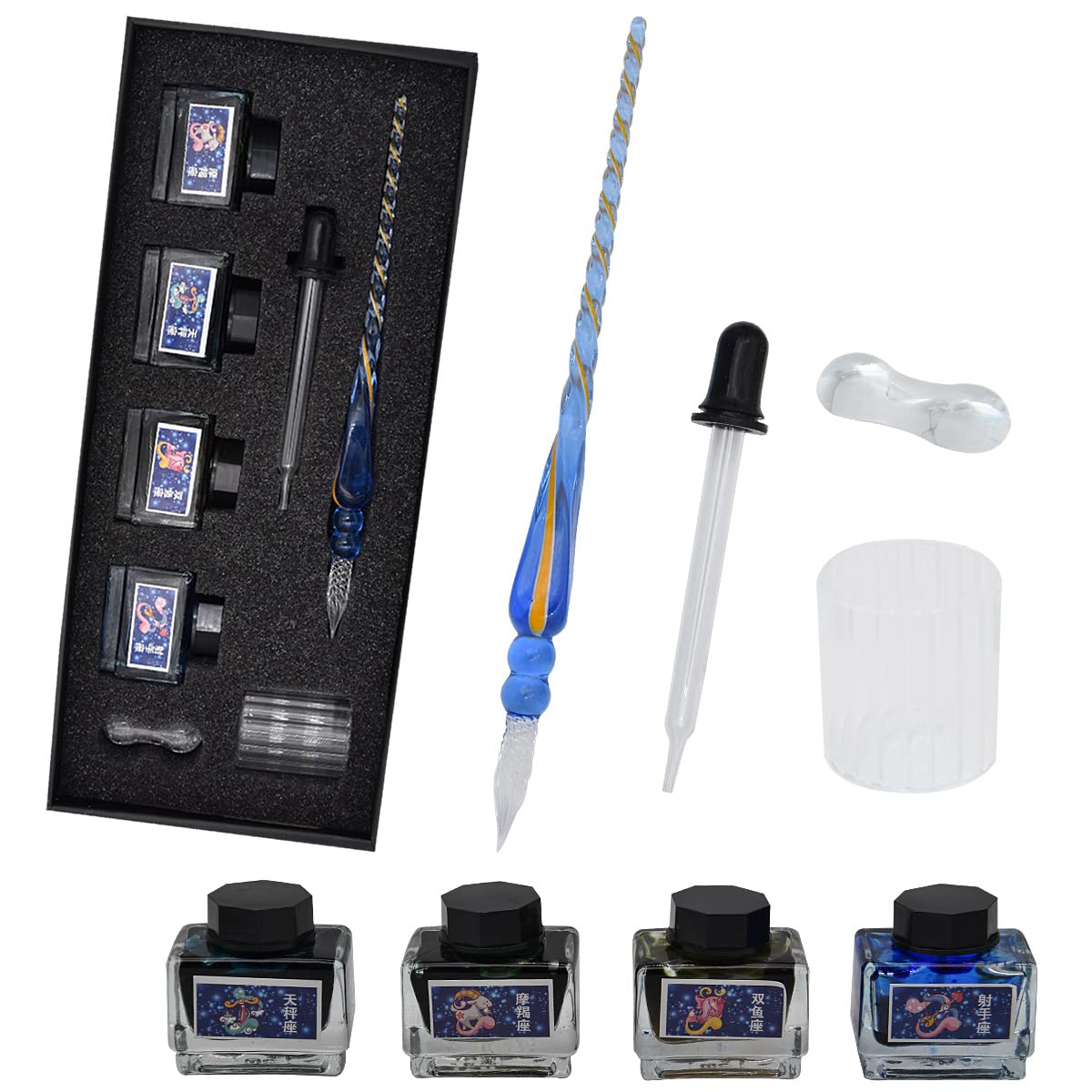 SIPLIV Glass Dip Pen Ink Set Calligraphy Dip Pens Crystal Spiral Dip Pen for Art, Writing, Signatures, Office Desktop Adornment Ornaments - Light Blue