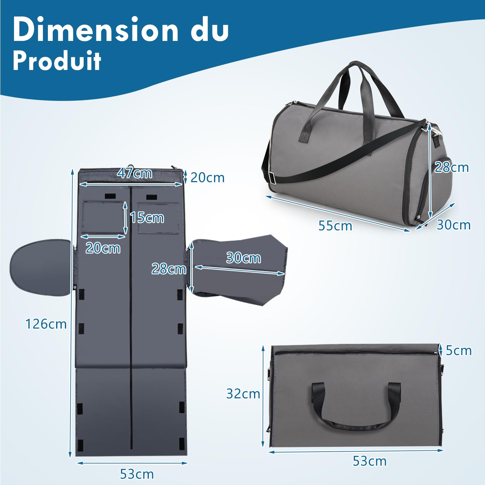 GOPLUS Sac à Vêtements, Sac Polochon 2-en-1 avec Poche à Chaussures, Poche à Cravates, Poche à Passeport et Sangle Amovible, Valise Suspendue de 50L pour Voyages d'affaires et de Loisirs (Gris)