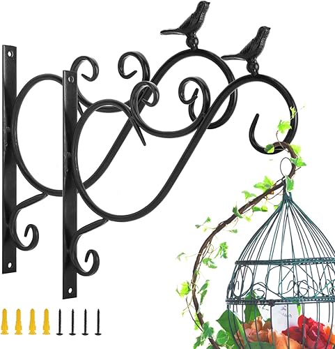 Lewondr Soporte para plantas para colgar en la pared, paquete de 2 ganchos retro de hierro Shepard de 12 pulgadas para comedero de pájaros y flores,
