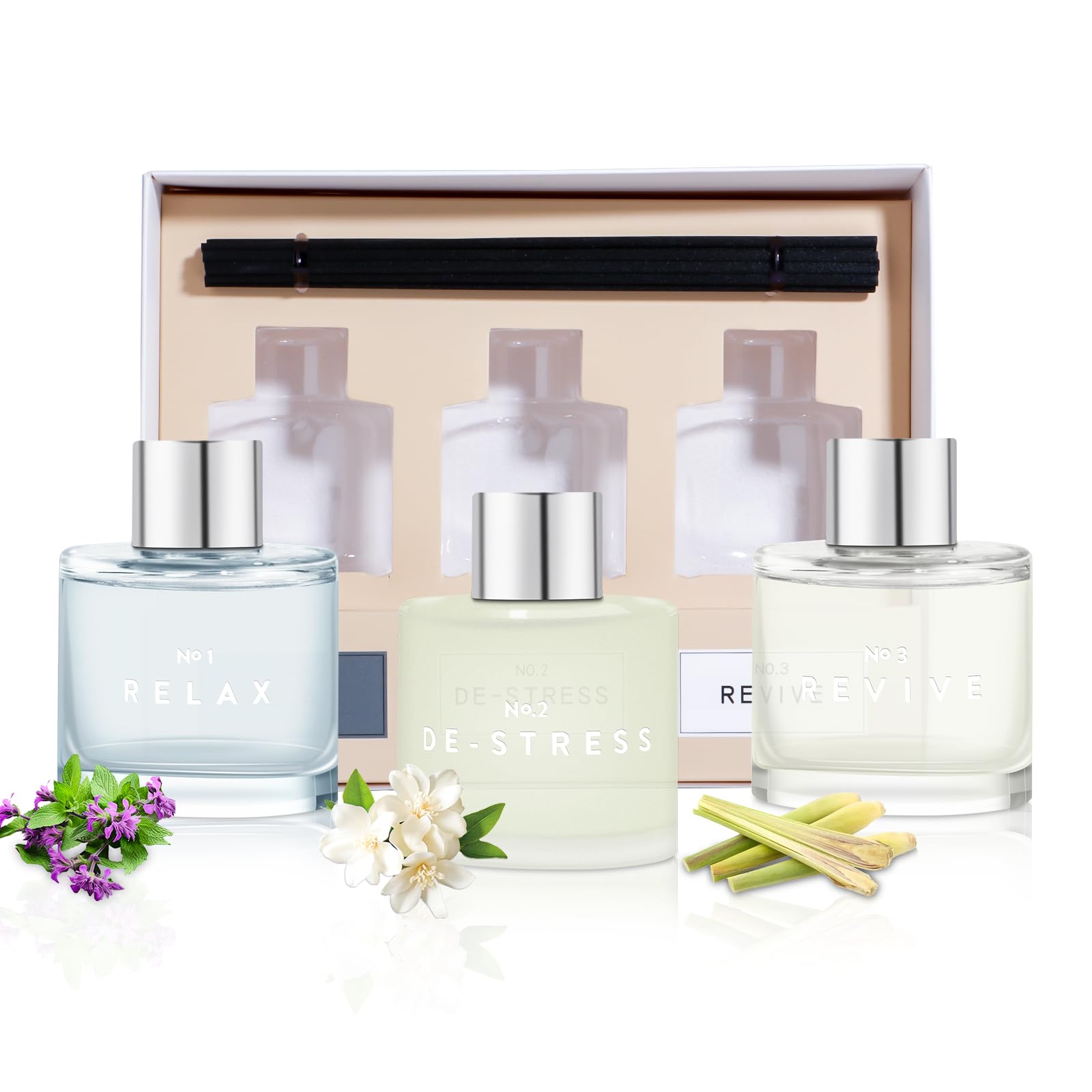 3 Pack Fragrance Reed Diffuser, 50ML Patchouli Jasmine Lemongrass Aromatherapy Diffuser Set with 12 Black Fiber Sticks,Air Freshener for Bedroom Bathroom Office