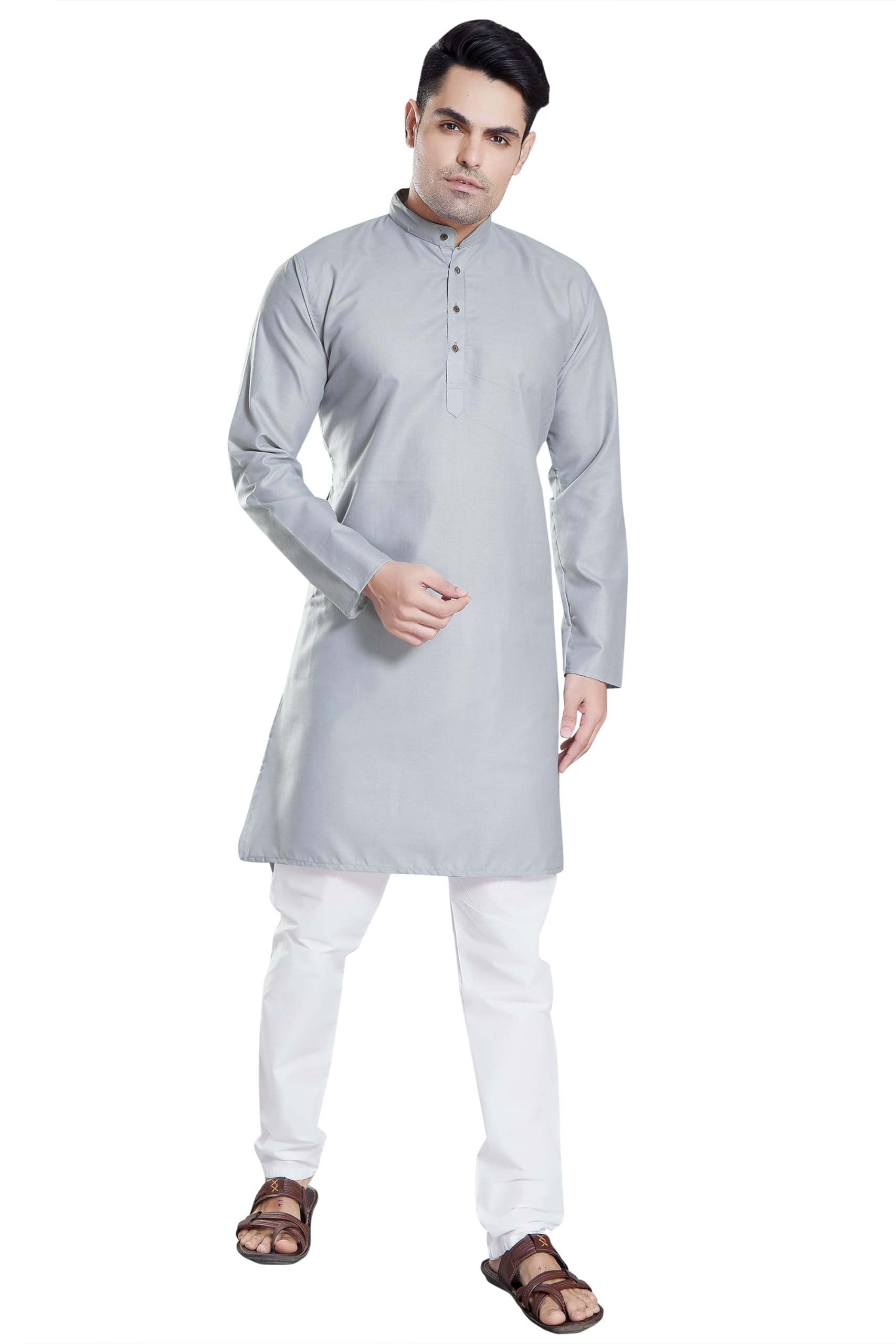 Divisive Men's Plain Cotton Blend Linen Slim Fit Kurta Pyjama Set (Dkrt71_M_Lt Grey)