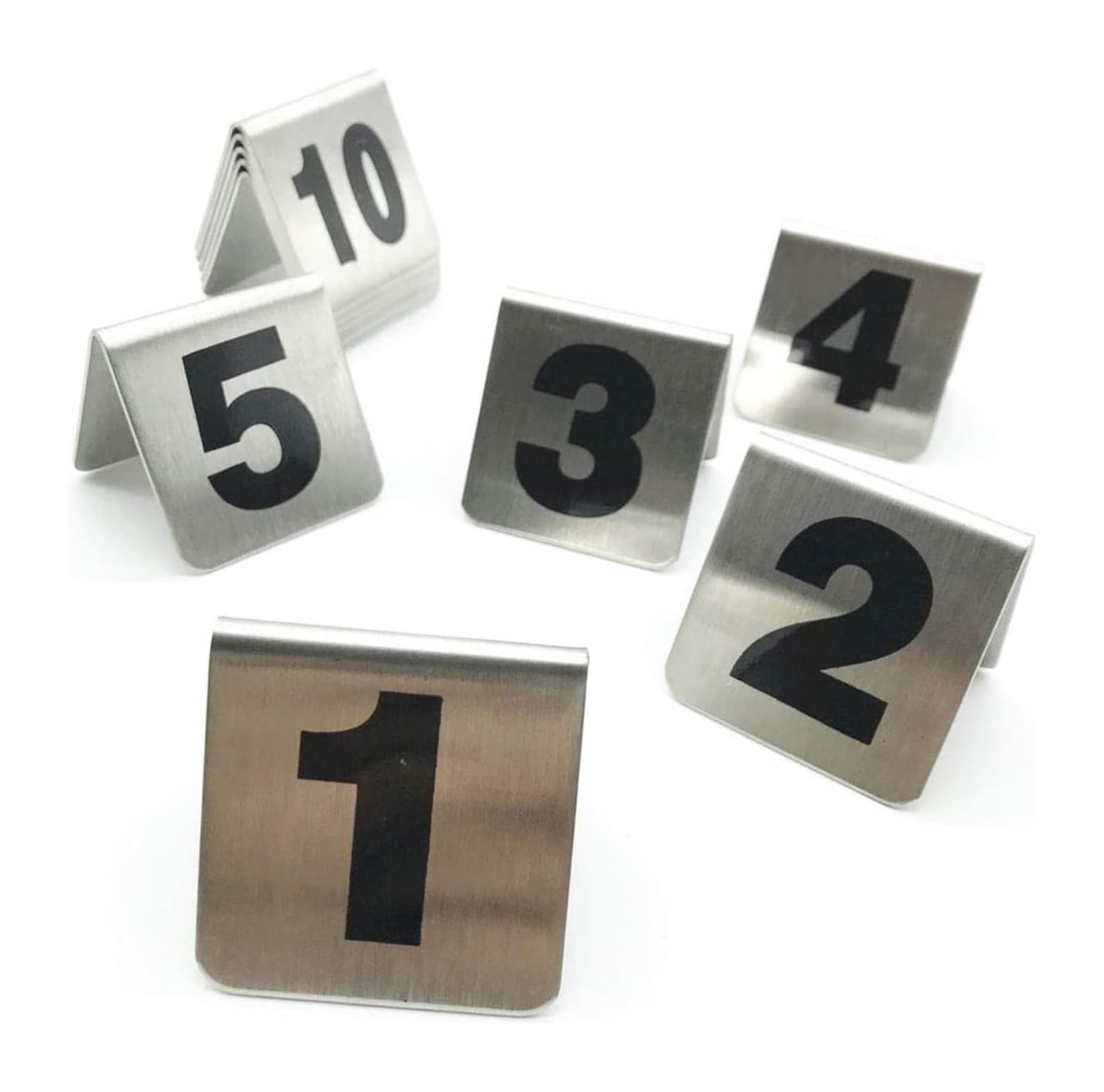 Placas de números de mesa, estilo tienda de campaña de metal en forma de V, apilables, tarjetas de lugar de restaurante 1-25, disponibles en 25, 50 o 100 opciones de paquete para organización de