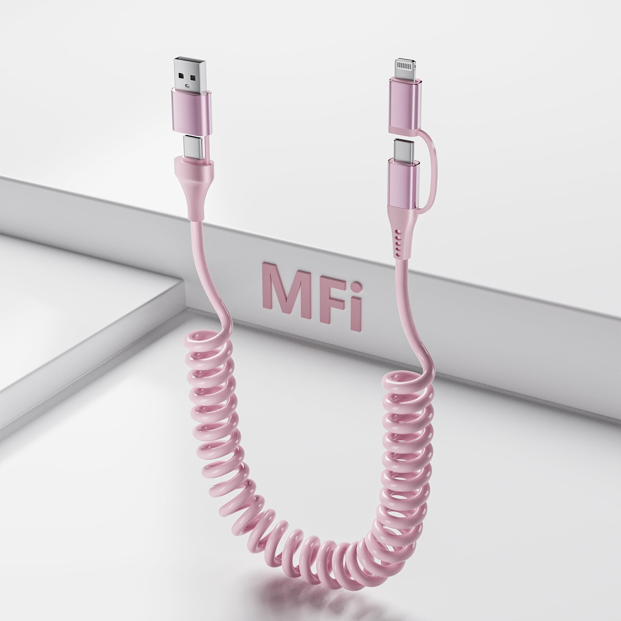 60W USB to USB C and Lightning Cable 4 in 1 Coiled Cable for Apple CarPlay & Android Auto - iPhone and USB C Cable with CarPlay Data Sync & Fast Charging for iPhone/Android/iPad/Laptop 3Ft, Pink