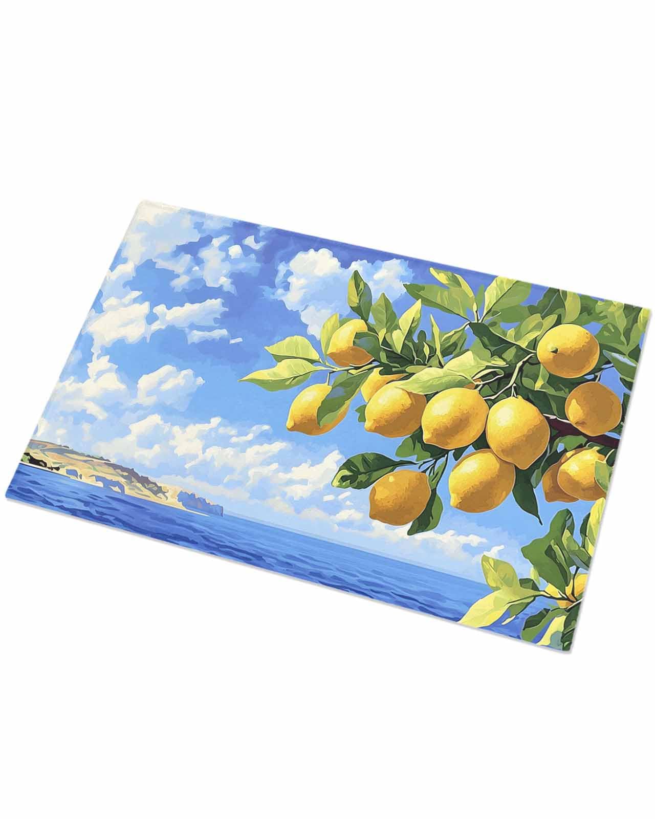 Indoor Doormat Summer Ocean Lemon Fruit Tree,Shaggy Floor Mat with Non-Skid Backing Blue Sky Sea Surface Landscape,Machine Washable Plush Area Rug Carpets for Kitchen Nursery Bedroom