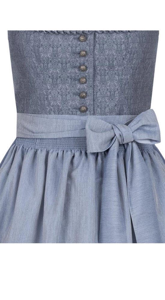 Nübler Dirndl midi Damen - 2 teilig inkl. Kleid und Dirndl Schürze im Landhausstil, Rocklänge 70cm - Moderne bayrische Tracht, ELSA Rauchblau