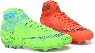 ESXGED Womens Fashion High Top Lightweight Soccer Cleats Shoes Mens Comfy Football Boots Spikes Shoes Training Athletic Outdoor/Indoor Sports Sneakers Green-Orange Size 11w/9.5m