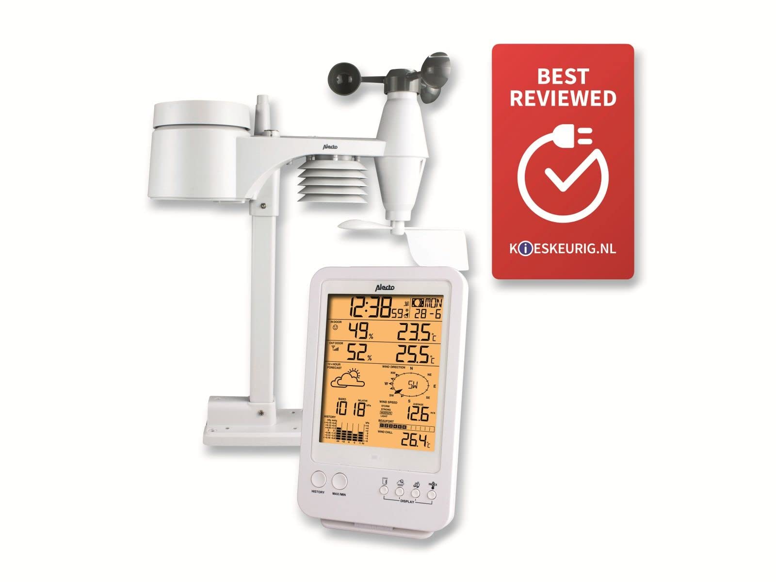Alecto WS-4800 Wetterstation Funk mit Außensensor - Funkwetterstation - 5-in-1 - großes Display - speichert Messwerte - Funkuhr - Datumsanzeige - Mondphasen - weiß