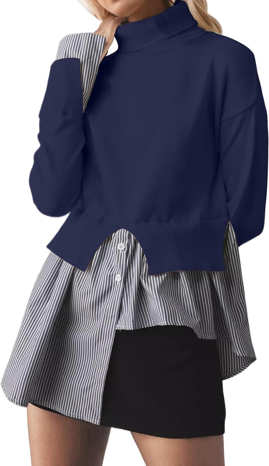 Turtleneck Asymmetrical Sweaters for Women Patchwork 2 in 1 Pullover Knit Sweater Slit Button Down Shirt 2026 Fall