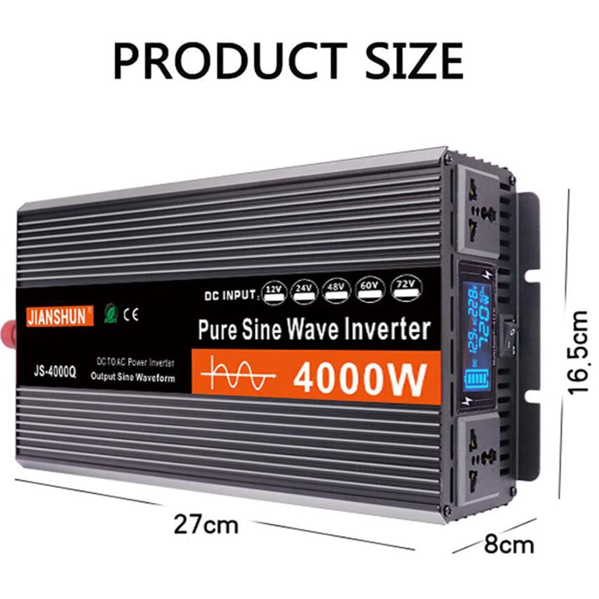 3000W 4000W 5000W 6000W Przetwornica czystej fali sinusoidalnej DC 12V 24V 48V 60V do 220V 230V AC Przetwornica napięcia Przetwornica mocy z wyświetlaczem LED i gniazdami AC,4000W-12V