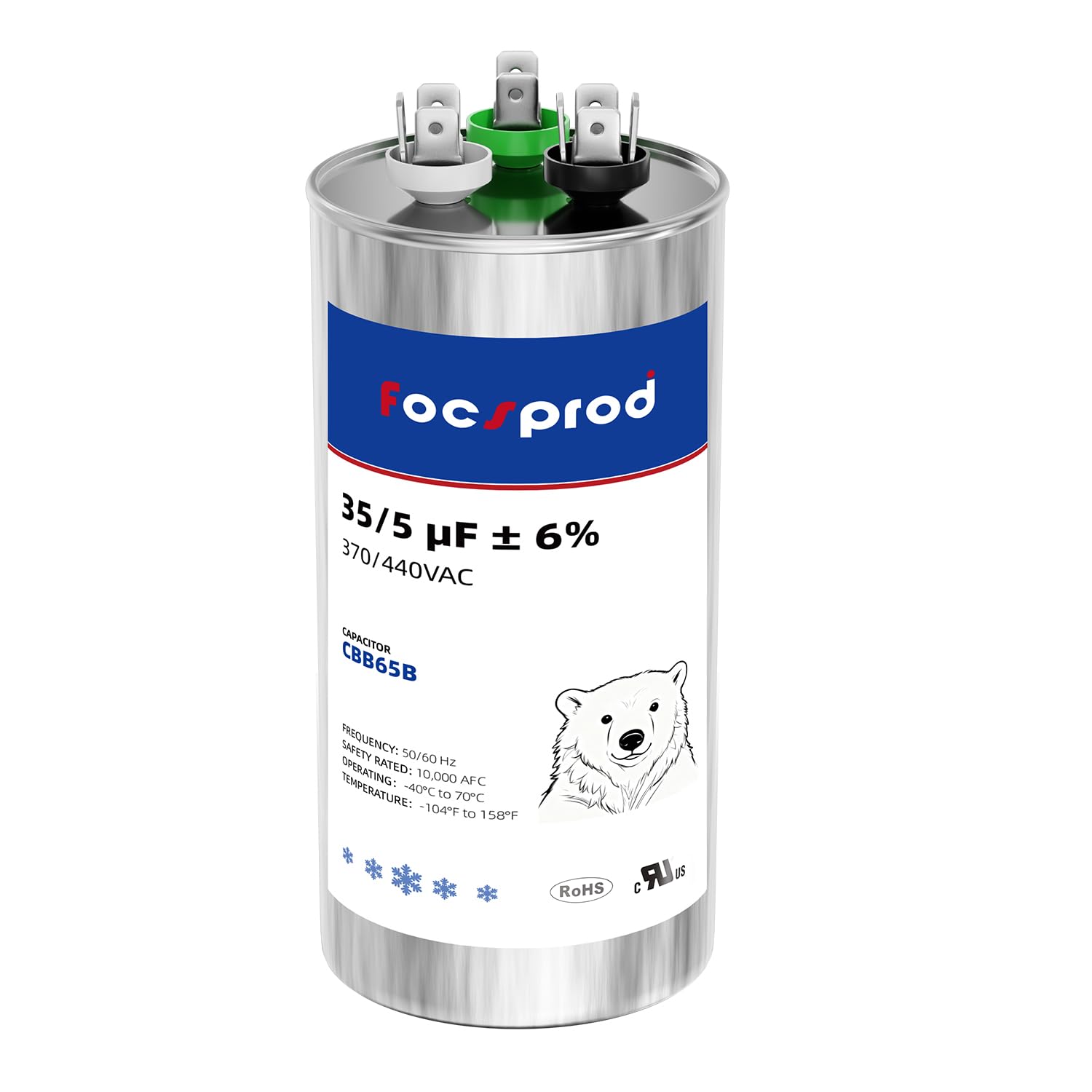 Photo 1 of [UL Recognized] FOCSPROD CBB65 35+5 uF Dual Run AC Capacitor, 35/5 MFD ±6% 370V/440V 440 Volt Round Capacitor Replacement, HVAC for AC Unit Fan Motor Start, Heat Pump or Condenser Straight