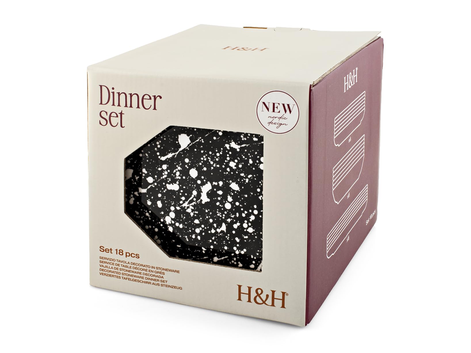 H&H, Service de table noir, lot de 18 pièces, assiettes avec design croquis blanc et noir, Stoneware, lavable au lave-vaisselle