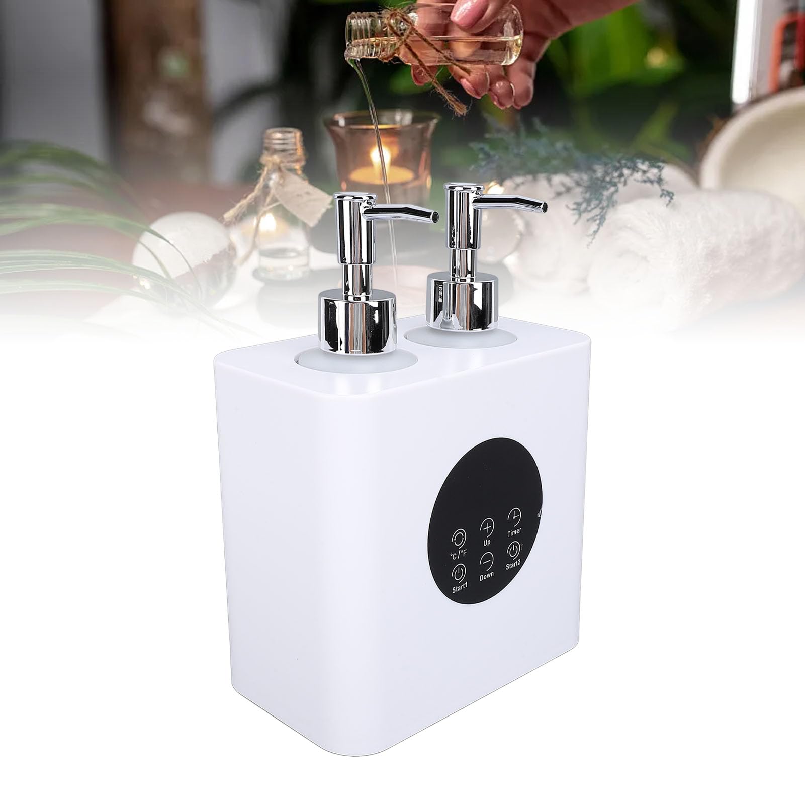 Scaldaolio per Massaggi con 4 Flaconi 250 Ml, Intervallo di Temperatura 30-65°C, Aumenta il Flusso 'olio per Massaggi, Scaldaolio a Temperatura Regolabile con Doppio Foro