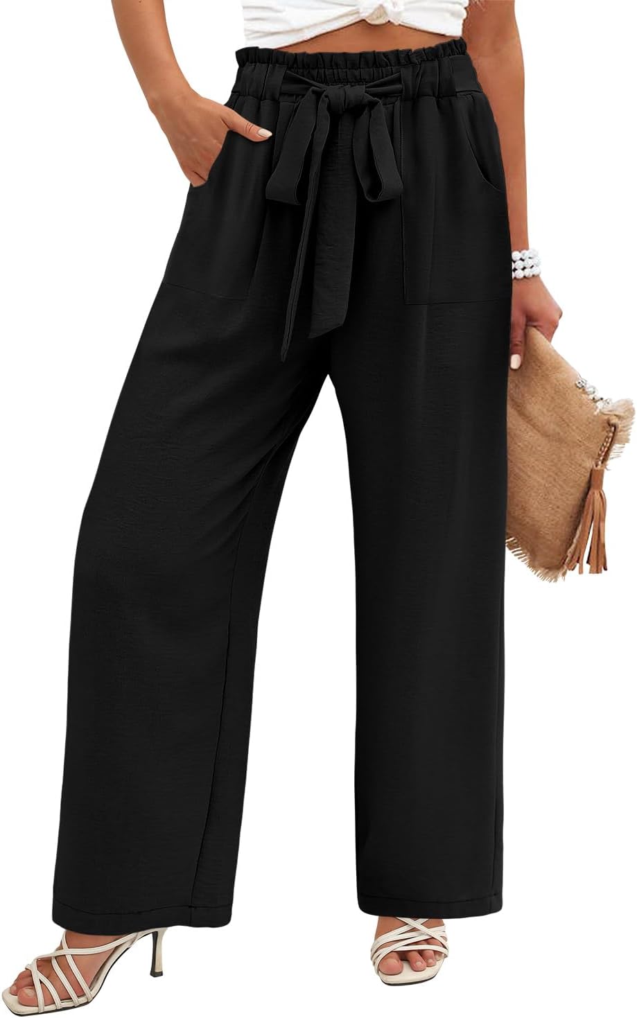 Angerella Womens Wide Leg Pants High Elastic Waist Adjustable Knot Casual Flowy Trousers Business Work Pants with Pockets