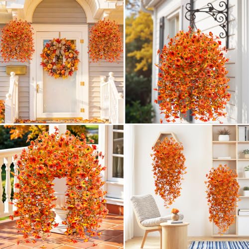 Image of Bassion Artificial Mums for Outdoor, 2 Pcs Fake Fall Hanging Flower, Orange | UV resistant, silk, realistic faux fall flowers for outside planters garden yard patio balcony front door porch home decor