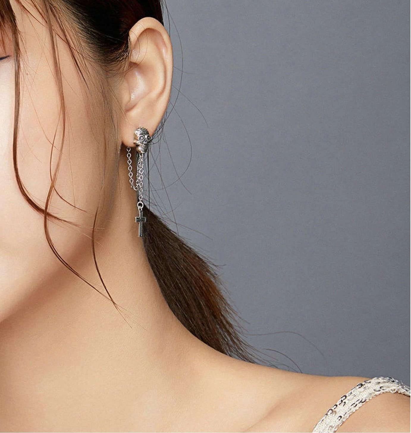 925 Sterling Silver Zircon Skull Cross Stud Earrings Women Oxidized Party Halloween Fine Jewelry Gift
