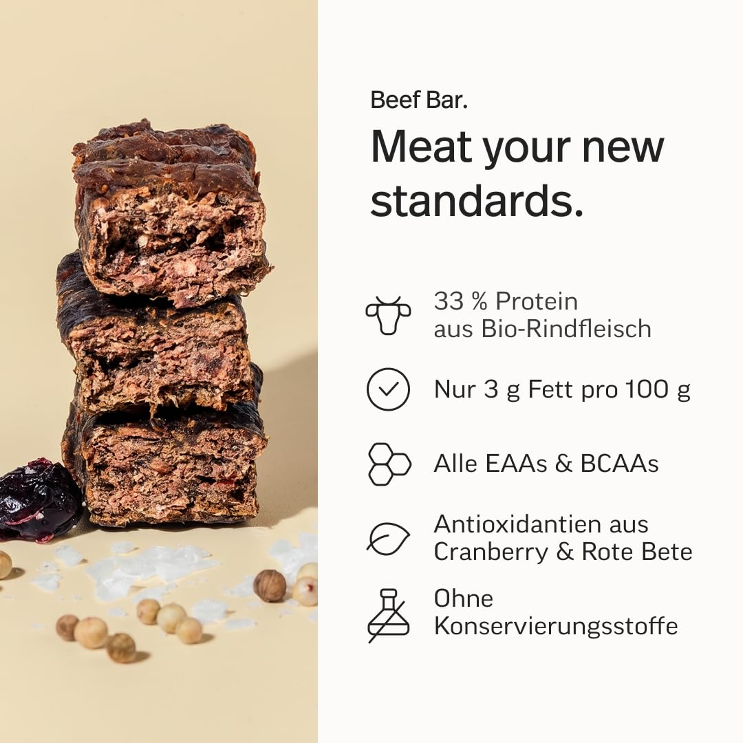 edubily® Beef Bar Cranberry - Protein Riegel als herzhafter Snack für unterwegs - mit 32% Protein aus Bio-Rindfleisch, Cranberries & Rote Bete - low carb (12x35 g, glutenfrei, Bio)