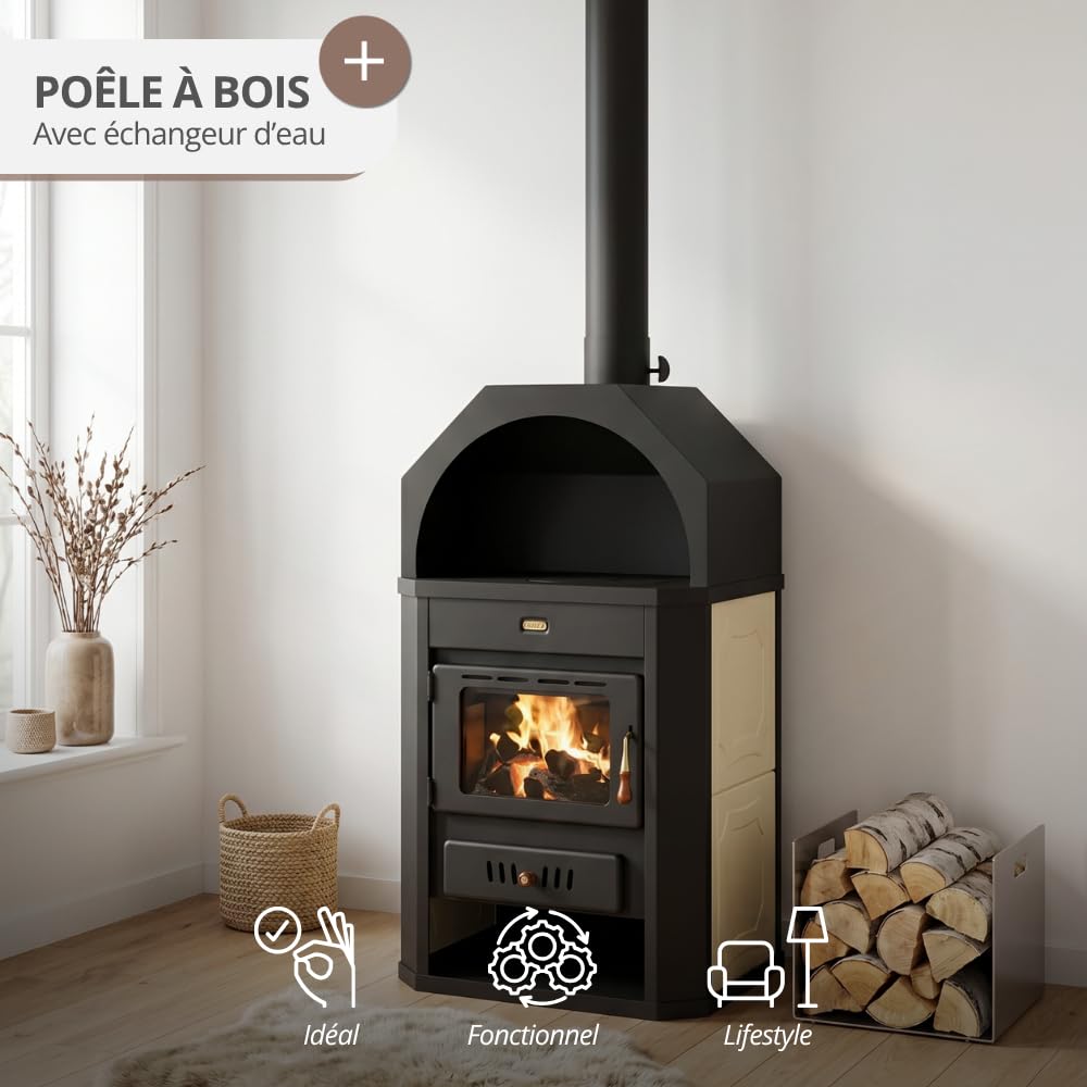 Prity W17 Poêle à bois autonome haute performance 17 kW Certifié CE Grand foyer Conforme à la norme EN 13240