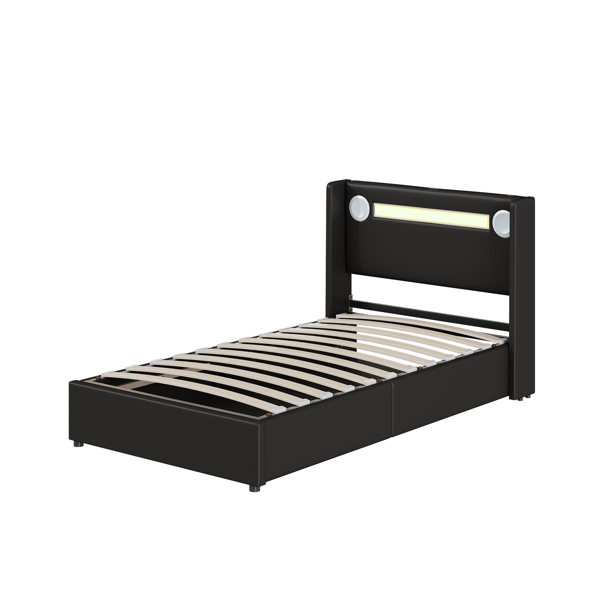 Merax Cama tapizada de 90 x 200 cm con tiras de luz LED, espacio de almacenamiento cama con reproductor Bluetooth y carga USB, para jóvenes, adultos, piel sintética negra (sin colchón)