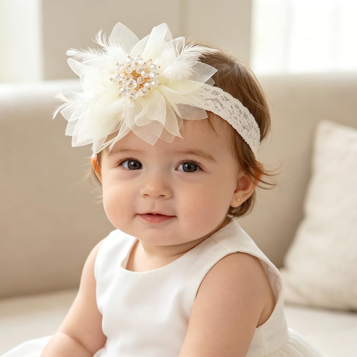 Bethynas Baby Mädchen Spitze Feder Stirnband Perlen Gaze Blume Elastisch Kleinkind Haarband Geburtstag Party Prinzessin Haarschmuck für Neugeborene Säugling (Weiß)