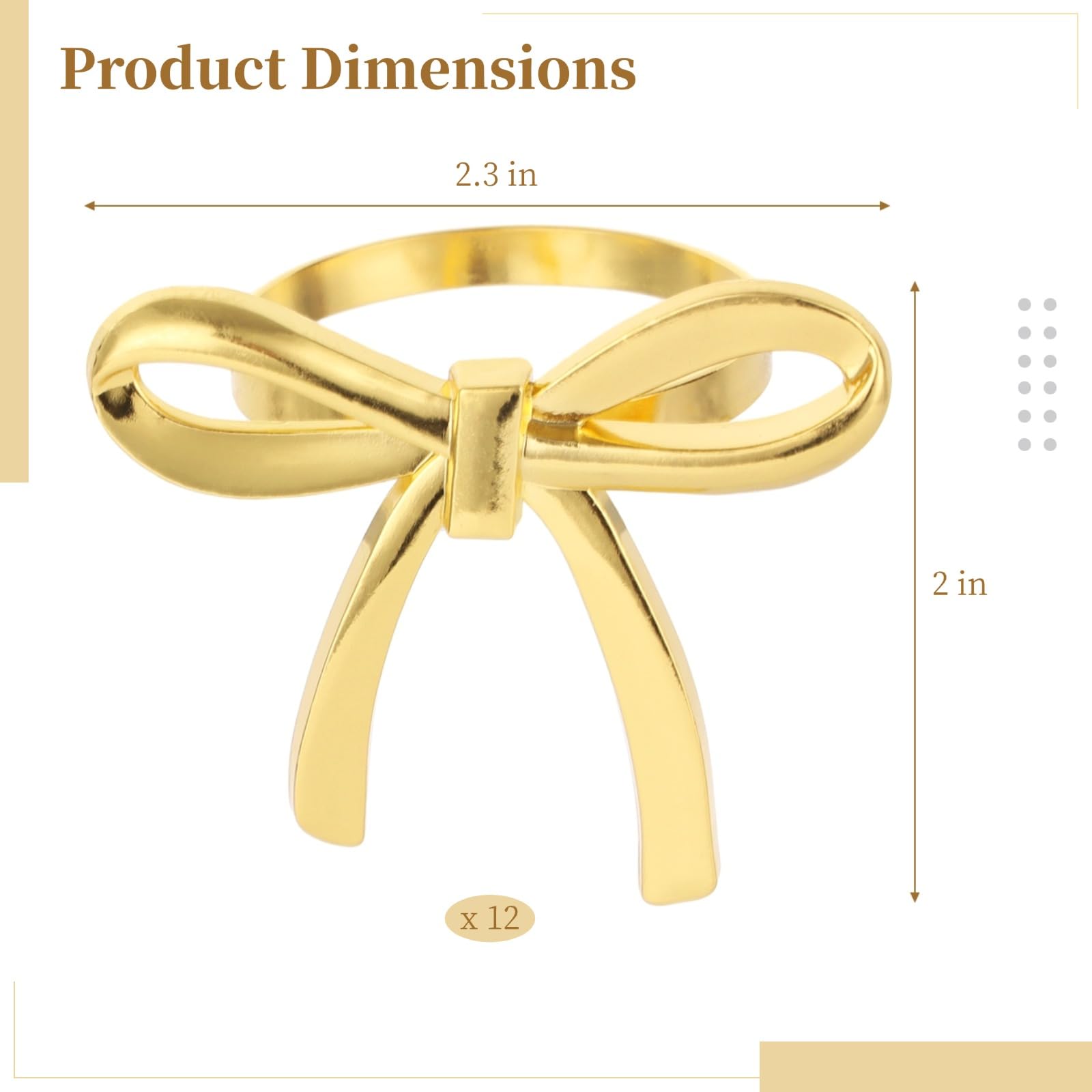 Lot de 12 Ronds de Serviette nœud doré, Alliage de Zinc, Design nœud élégant de 5,8 cm, Finition dorée Brillante, pour Mariages, fêtes et décoration de Table