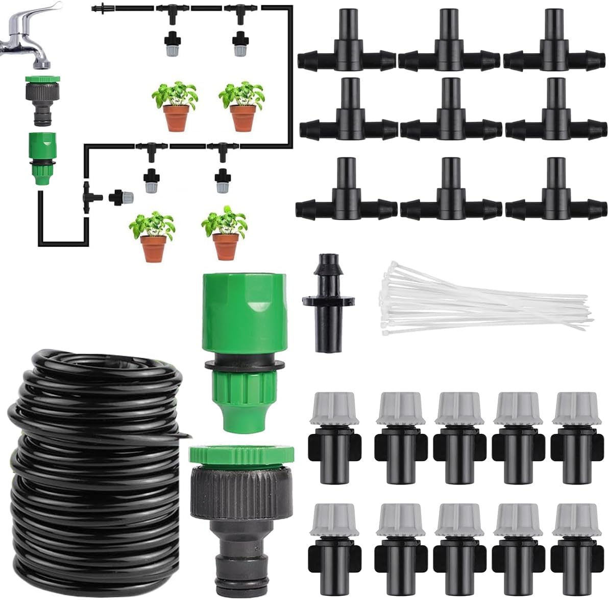 Misting Cooling System 10 Meters Fine Misting Irrigation System Kit with 10 Tee Mist Nozzle & Adapters Free Assembly Misting Cooling System Kit for Greenhouse, Garden, Flower Bed