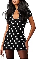 SHENHE Women's Polka Dot Keyhole Cut-Out Mandarin Collar Short Sleeve Knit Mini Dress