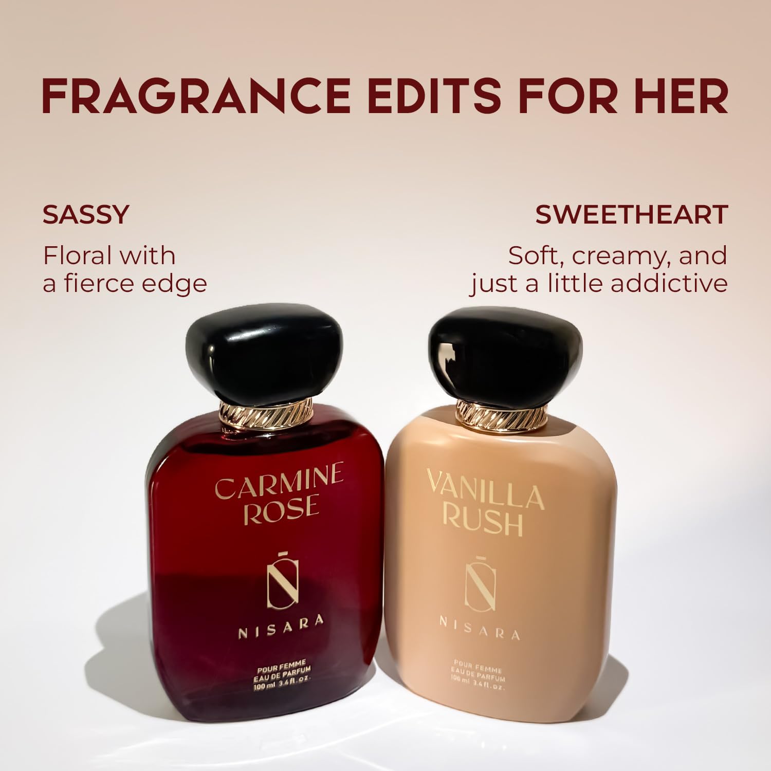 Nisara Vanilla Rush & Carmine Rose Perfume for woman 100ml*2 | Long Lasting Eau De Parfum | Ambery Vanilla, Floral Fragrance with | Caramel, Rose, Berries, Jasmine, Musk, Amber| EDP Scent spray for Woman | Premium Perfume For Her 2