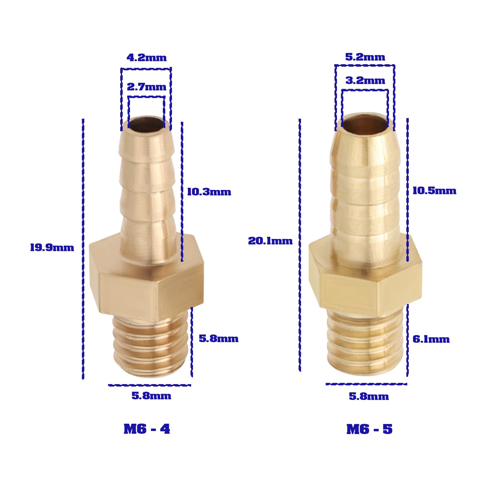 LT Easiyl 4PCS Brass Barb Hose Tail Connector Metric M6x1.0-4mm and M6x1.0-5mm for Pond Pool Hose Pipe Adapters Hose Barb Tail Connector Male Thread Pipe Fitting Gold - Image 4