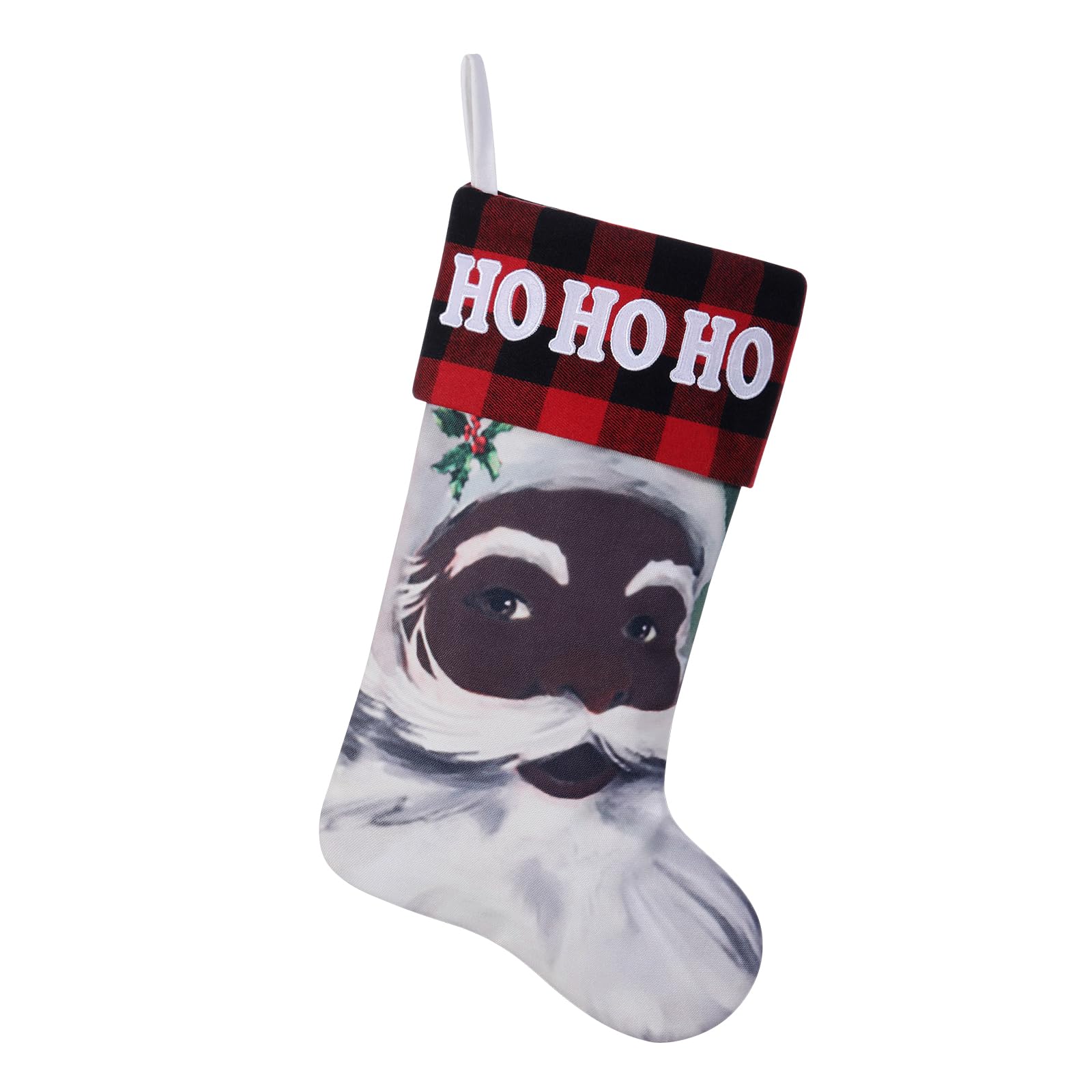 Calcetín de Navidad de Papá Noel negro de 19 pulgadas con bordado, Papá Noel afroamericano para decoración navideña